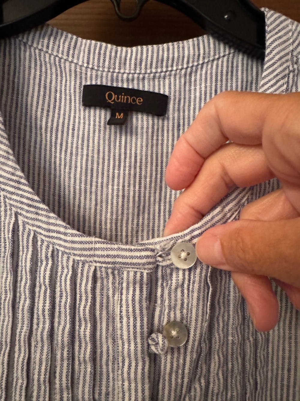 Quince European Linen Sleeveless Swing Dress M Blue Pinstripe Pleated Coastal - Picture 6 of 6
